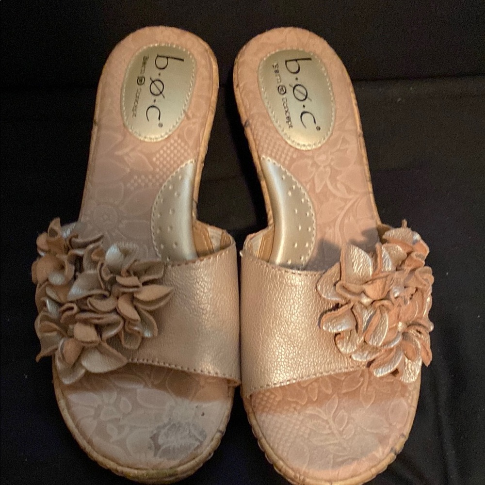 b.o.c. Tan leather top Sandals with Floral Accent and Cork Sole